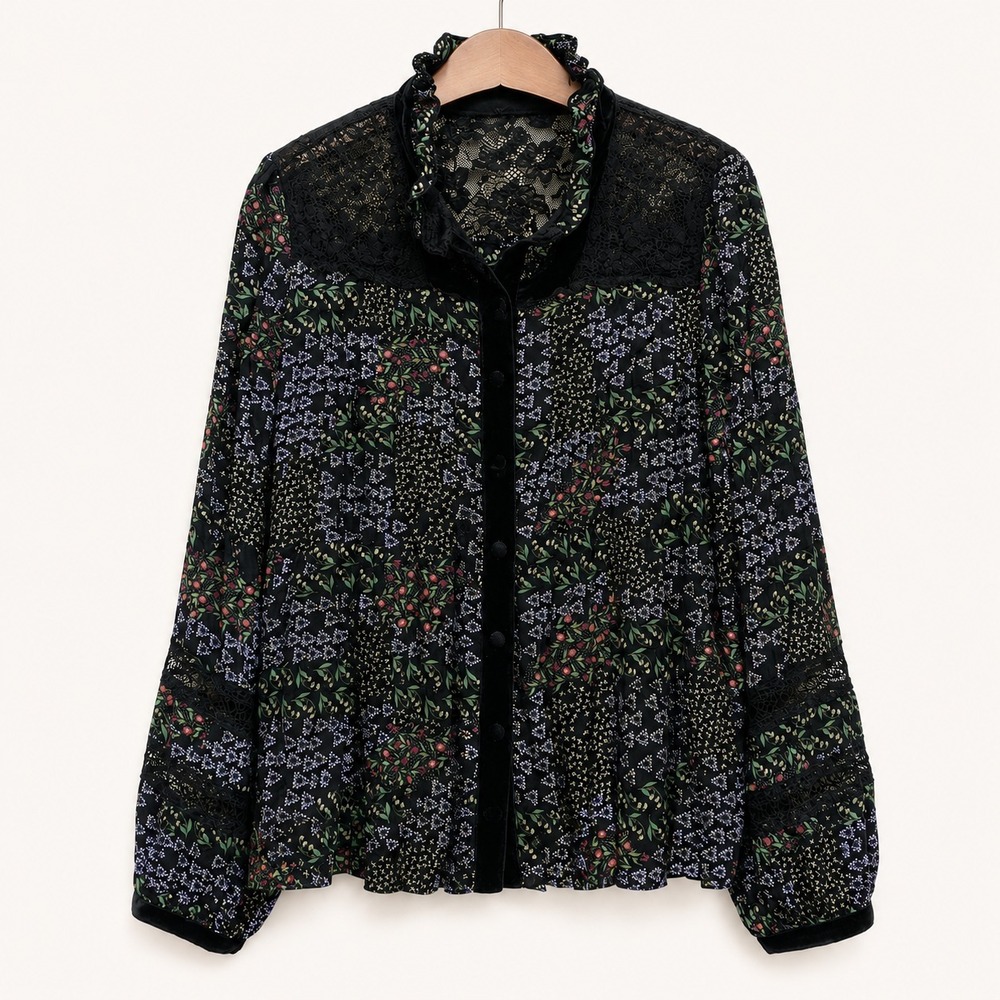 Pol Blouse Size L Black Print Velvet Trim Lace Yoke Dark Cottagecore Whimsigoth